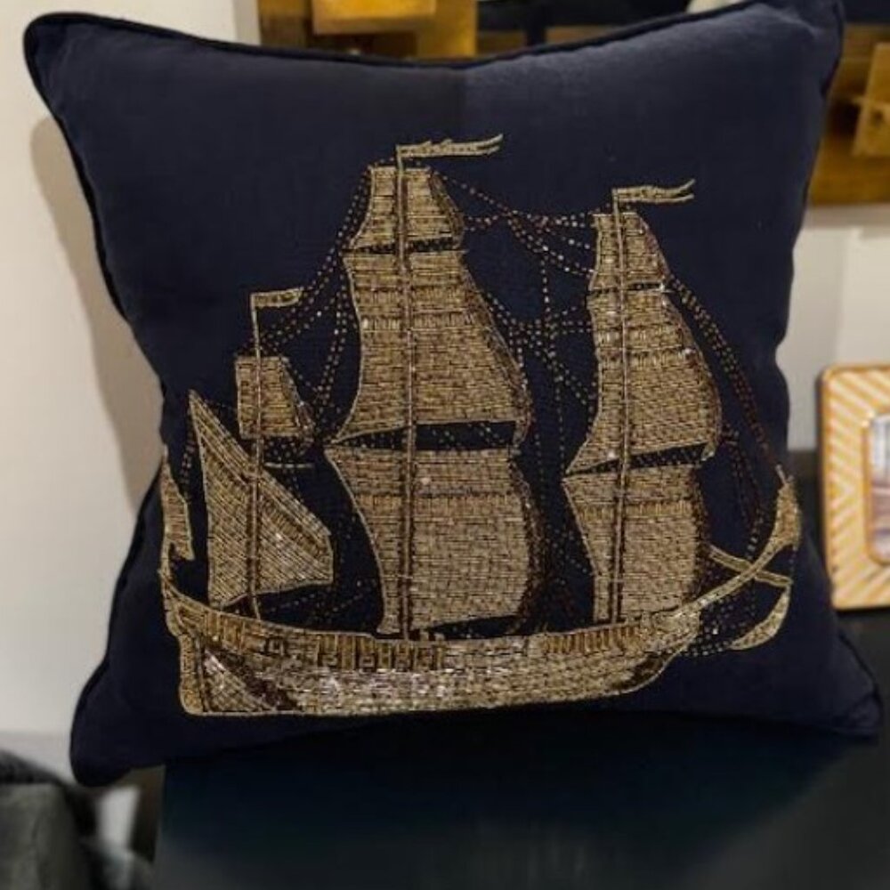 Vintage Jonathan Adler Gold Beaded Navy Blue Ship Pillow